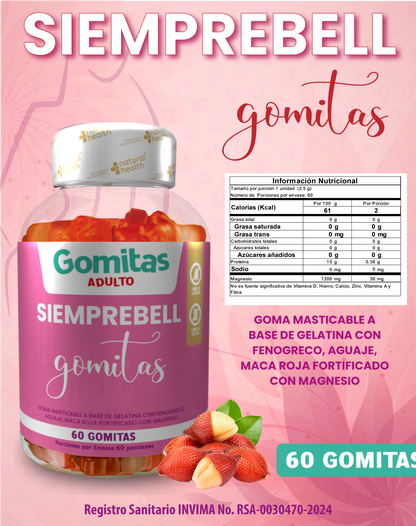 Gomitas Siemprebell Aumenta tus glúteos y levanta tus senos  Con Aguaje Fenogreco Maca Roja y Magnesio. Registro INVIMA