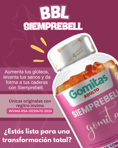 Gomitas Siemprebell Aumenta tus glúteos y levanta tus senos  Con Aguaje Fenogreco Maca Roja y Magnesio. Registro INVIMA
